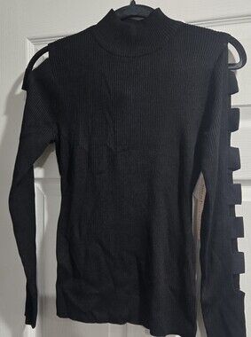Crave Fame Black Ribbed Mock Neck Sweater with Ladder Sleeve Cutouts
